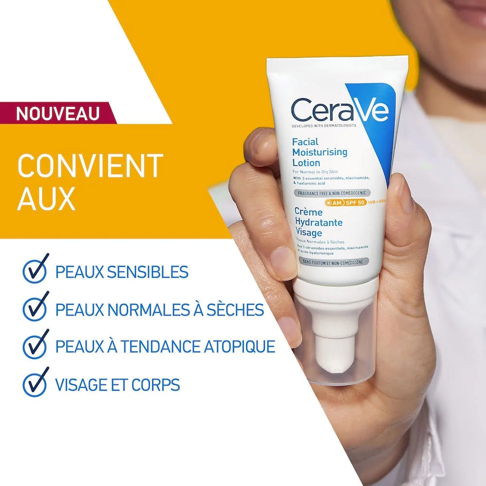 CeraVe Crème hydratante visage SPF50 Peaux Normales à Sèches | 52ml